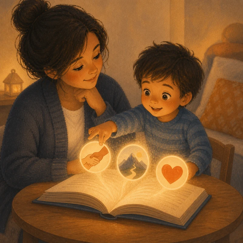 A parent and child choosing between glowing symbols of a handshake, a mountain path and a heart above an open book