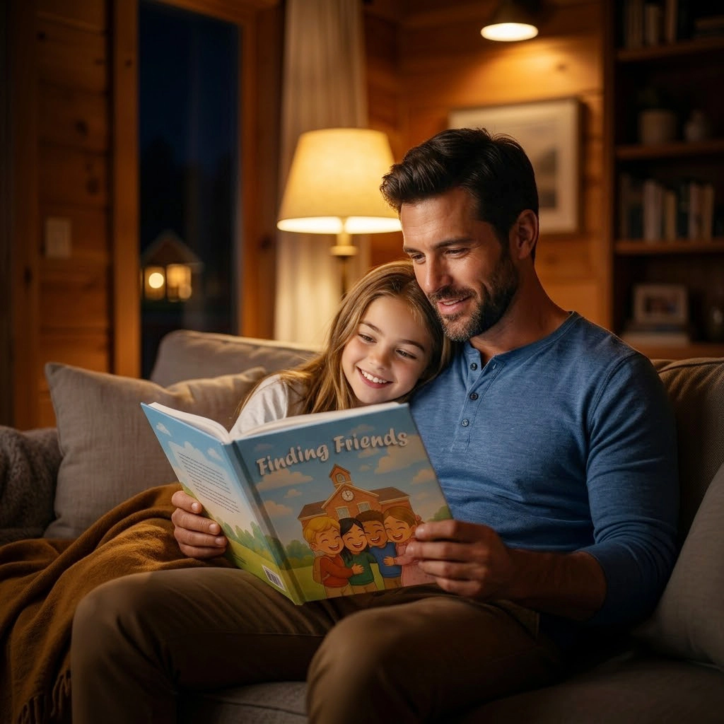 Father reading a personalized storybook with daughter