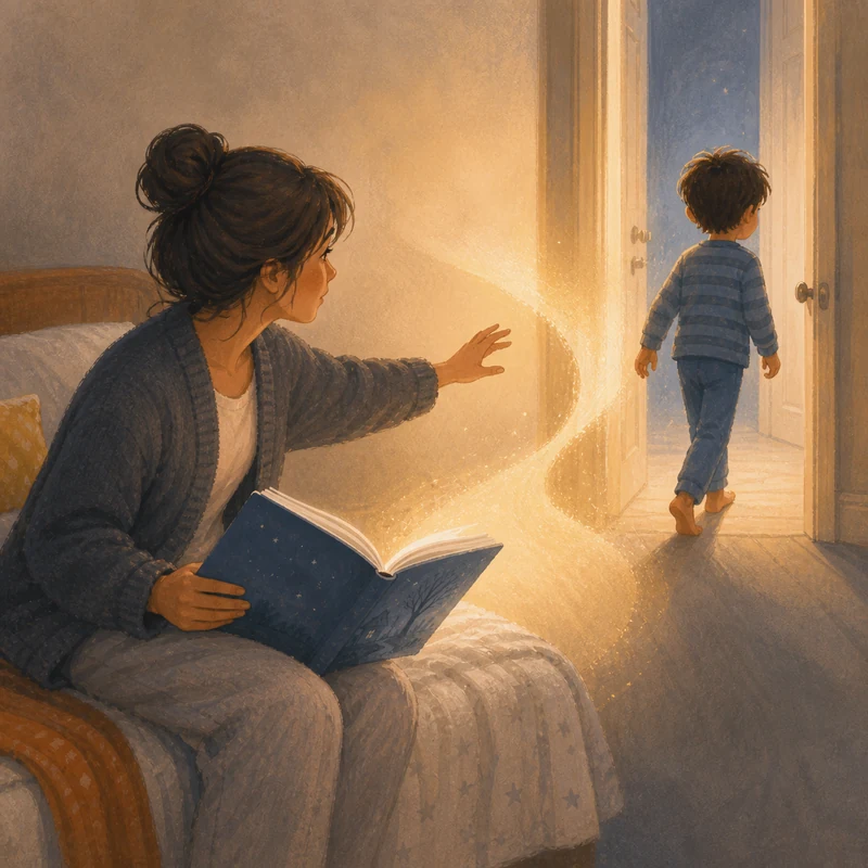 A parent reaching out with an open storybook as their child walks away through a lit doorway